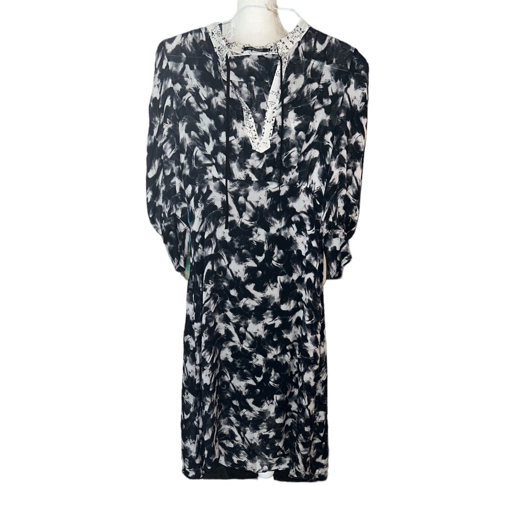 Calvin Rucker Silk Black Cream Tie Neck Midi Dress  - M